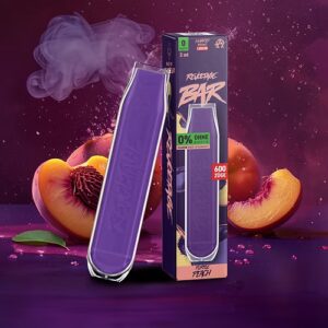 Dunkles Bild mit nikotinfreier Purple Peach Vape im im Hintergrund sidn Pfirsiche zu sehen