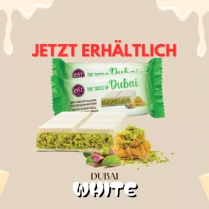 Produktbild der Elit Dubai Schokolade Weiß mit Pistazienfüllung in edler Verpackung – jetzt erhältlich als luxuriöse weiße Schokolade mit orientalischem Flair.