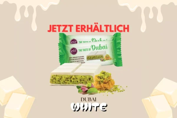 Produktbild der Elit Dubai Schokolade Weiß mit Pistazienfüllung in edler Verpackung – jetzt erhältlich als luxuriöse weiße Schokolade mit orientalischem Flair.