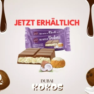 Produktbild der Elit Dubai Schokolade Kokosnuss mit cremiger Füllung, Kokosstücken und Kadayif – luxuriöse Schokolade mit orientalischem Flair.
