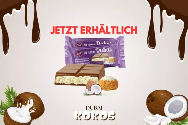 Produktbild der Elit Dubai Schokolade Kokosnuss mit cremiger Füllung, Kokosstücken und Kadayif – luxuriöse Schokolade mit orientalischem Flair.
