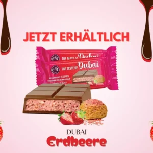 Produktbild der Elit Dubai Schokolade Erdbeere mit Erdbeerfüllung, Schokoladenstücken und Verpackung – jetzt erhältlich als fruchtige Premium-Süßigkeit.