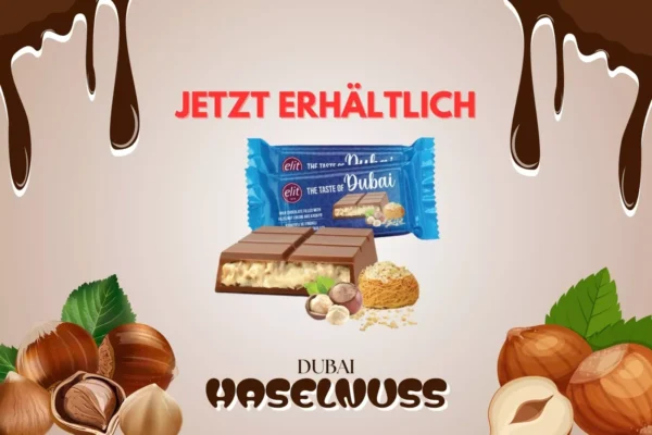 Produktbild der Elit Dubai Schokolade Haselnuss mit cremiger Haselnussfüllung, Kadayif und edler Verpackung – jetzt erhältlich als orientalischer Schokogenuss.