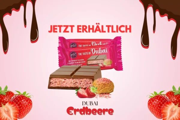 Produktbild der Elit Dubai Schokolade Erdbeere mit Erdbeerfüllung, Schokoladenstücken und Verpackung – jetzt erhältlich als fruchtige Premium-Süßigkeit.